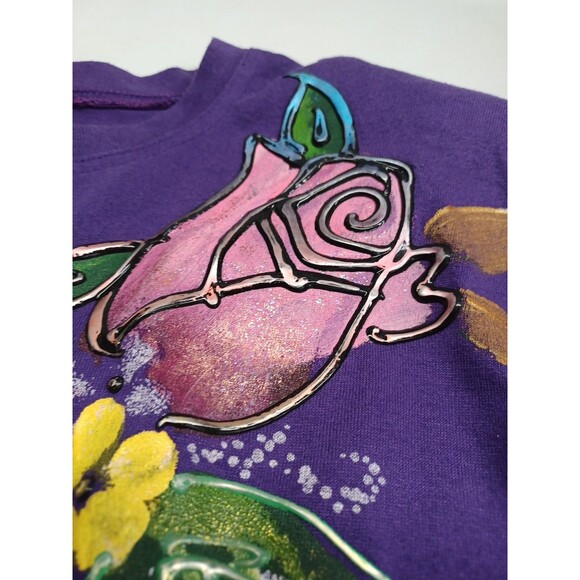 Vtg 3D Hand painted Floral Roses Purple T Shirt One Size - Picture 6 of 9